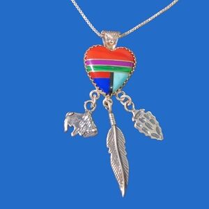 Quoc Turquoise Sterling Silver & Stone Inlay Heart Pendant Dangle Necklace